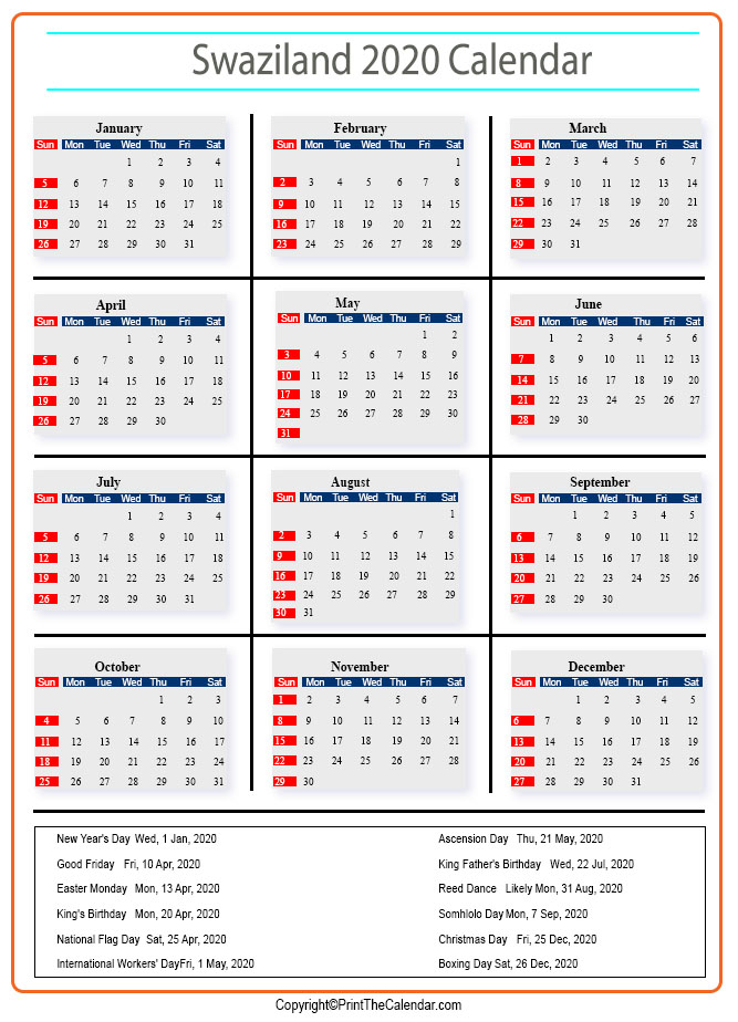 Swaziland Calendar 2020